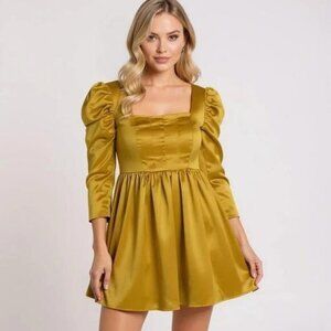 Revolve Mirabel Satin Effect Mini Babydoll Dress Gold Chartreuse Size S NWT